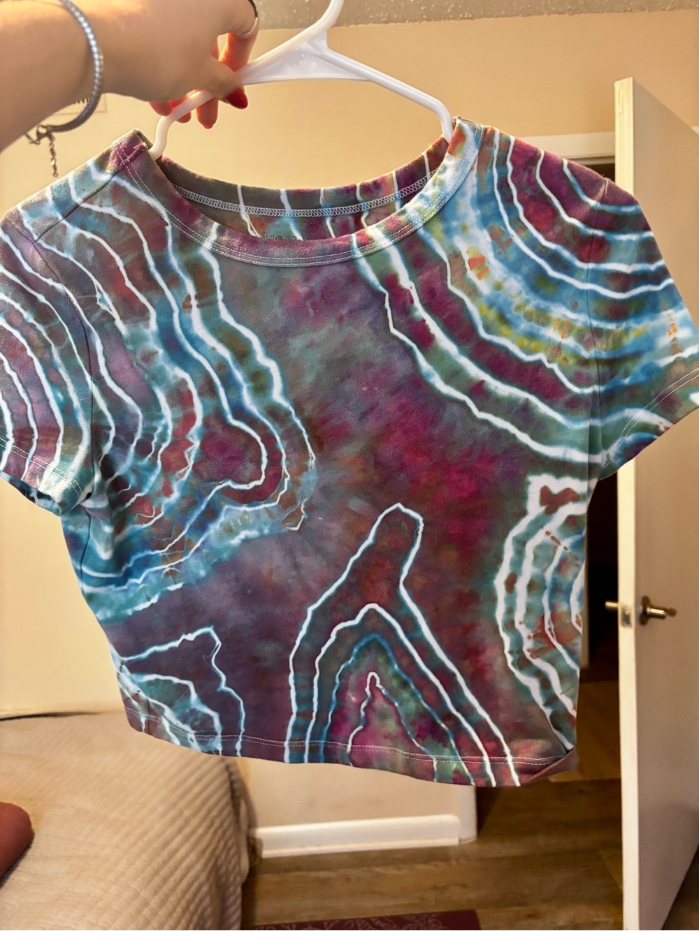 Tie-Dye Crop Tee in Teal, Purple & White